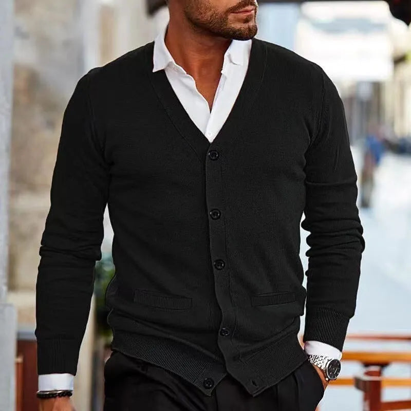 Men's slim-fit acrylic cardigan sweater in dark grey colour on a hanger