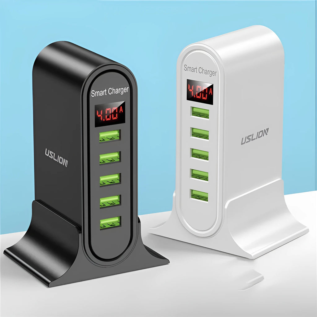 Smart LED digital display USB wall charger in black or white with EU, UK, or US plug options.