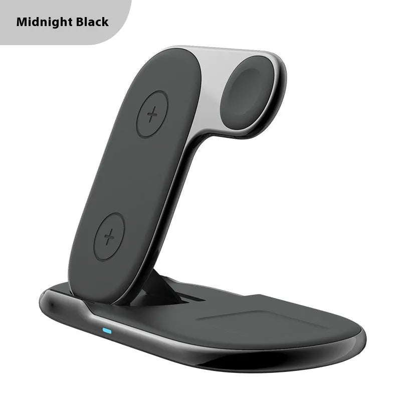 Foldable 3-in-1 magnetic wireless charger 15W in black on a desk