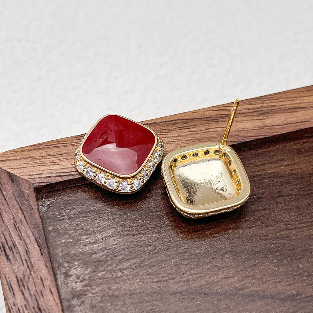 Geometric square alloy earrings with retro red colour for women