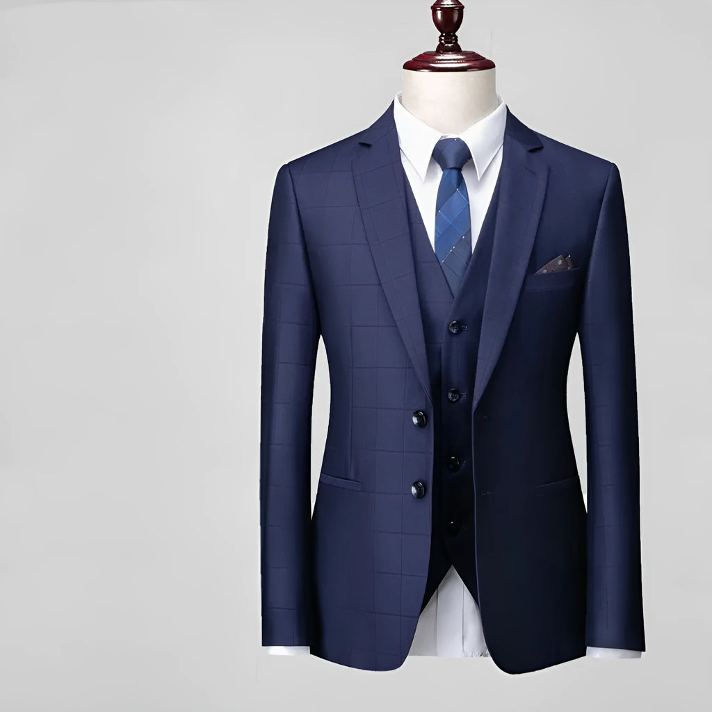 Men's navy blue plaid slim fit three-piece business casual suit with jacket, vest, and trousers