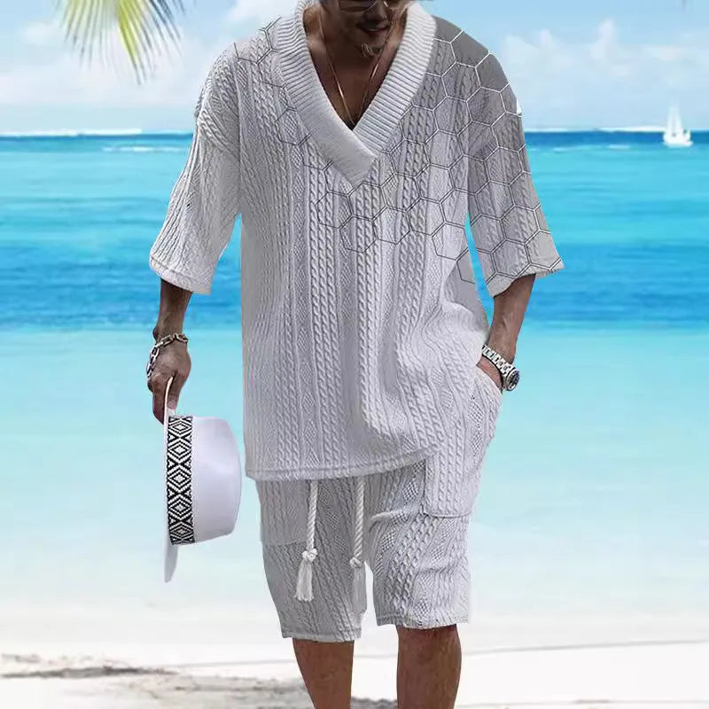Men's printed drop-shoulder knitted shorts suit with short-sleeved top and matching shorts in chemical fibre blend fabric