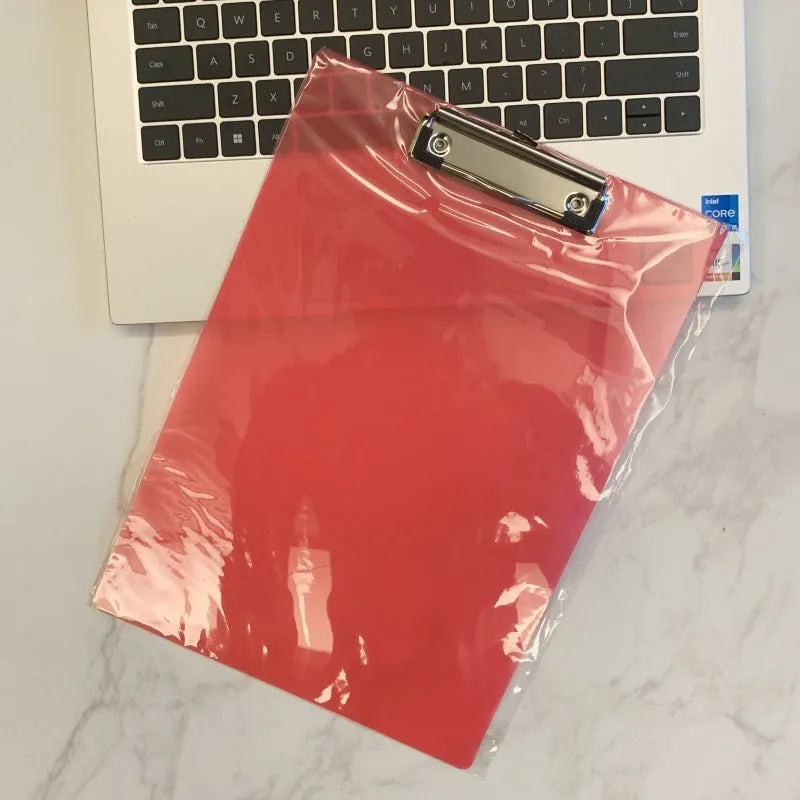 Transparent A4 plate holder with metal clip in blue, green, red, and white colour options
