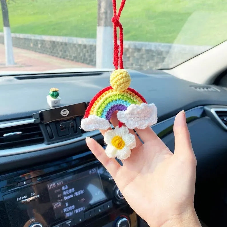 Handmade crocheted car pendant in avocado, pink rainbow, or red rainbow colours