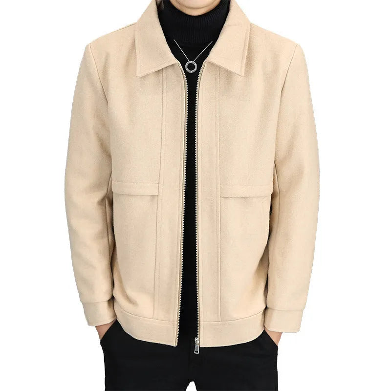 Men's khaki casual jacket with polo collar and side seam pockets in cotton blend fabric