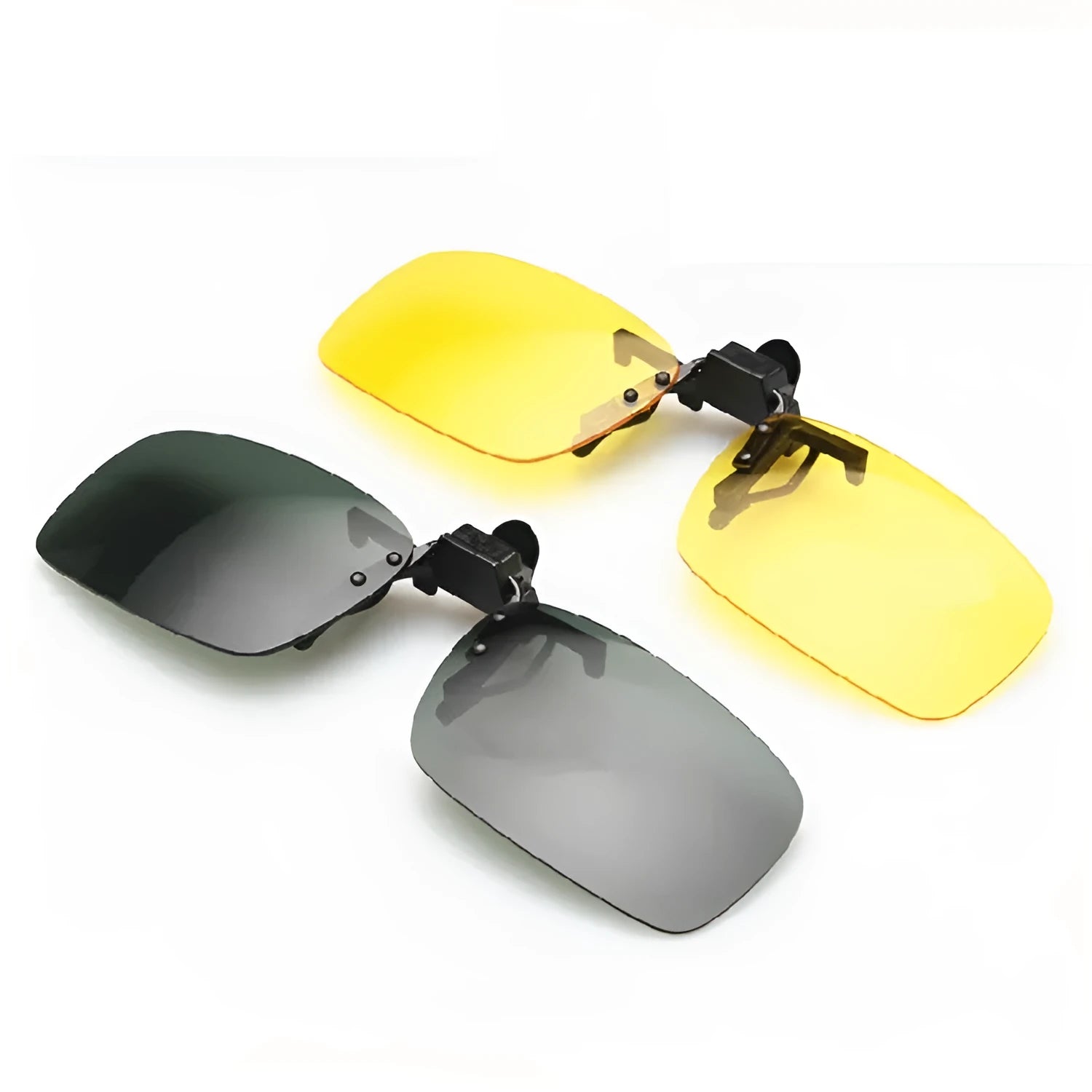 Clip-on night vision polarised sunglasses attached over a pair of prescription glasses for driving.