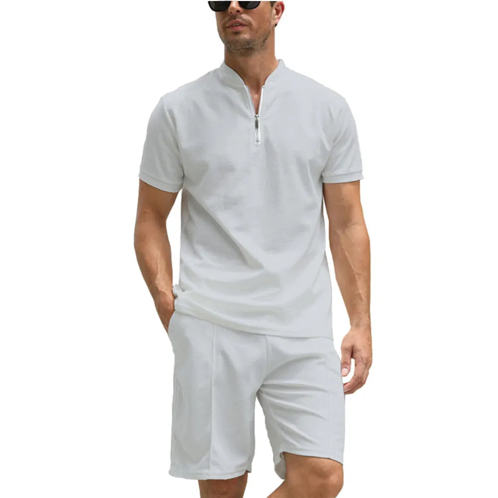 Men's solid colour polo shirt and trousers two-piece set in polyester beaded bird's eye fabric