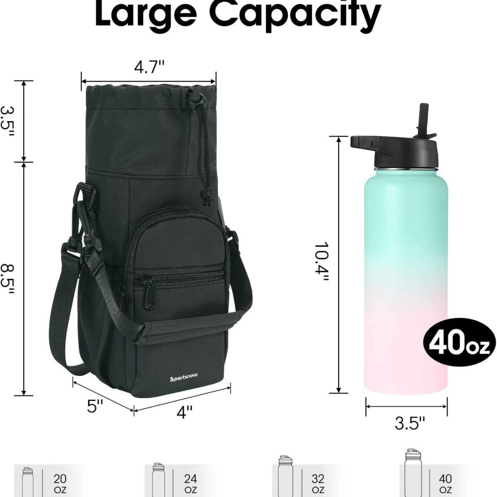 Soft cloth water bottle pouch with adjustable strap shown in black, green, and pink colour options.