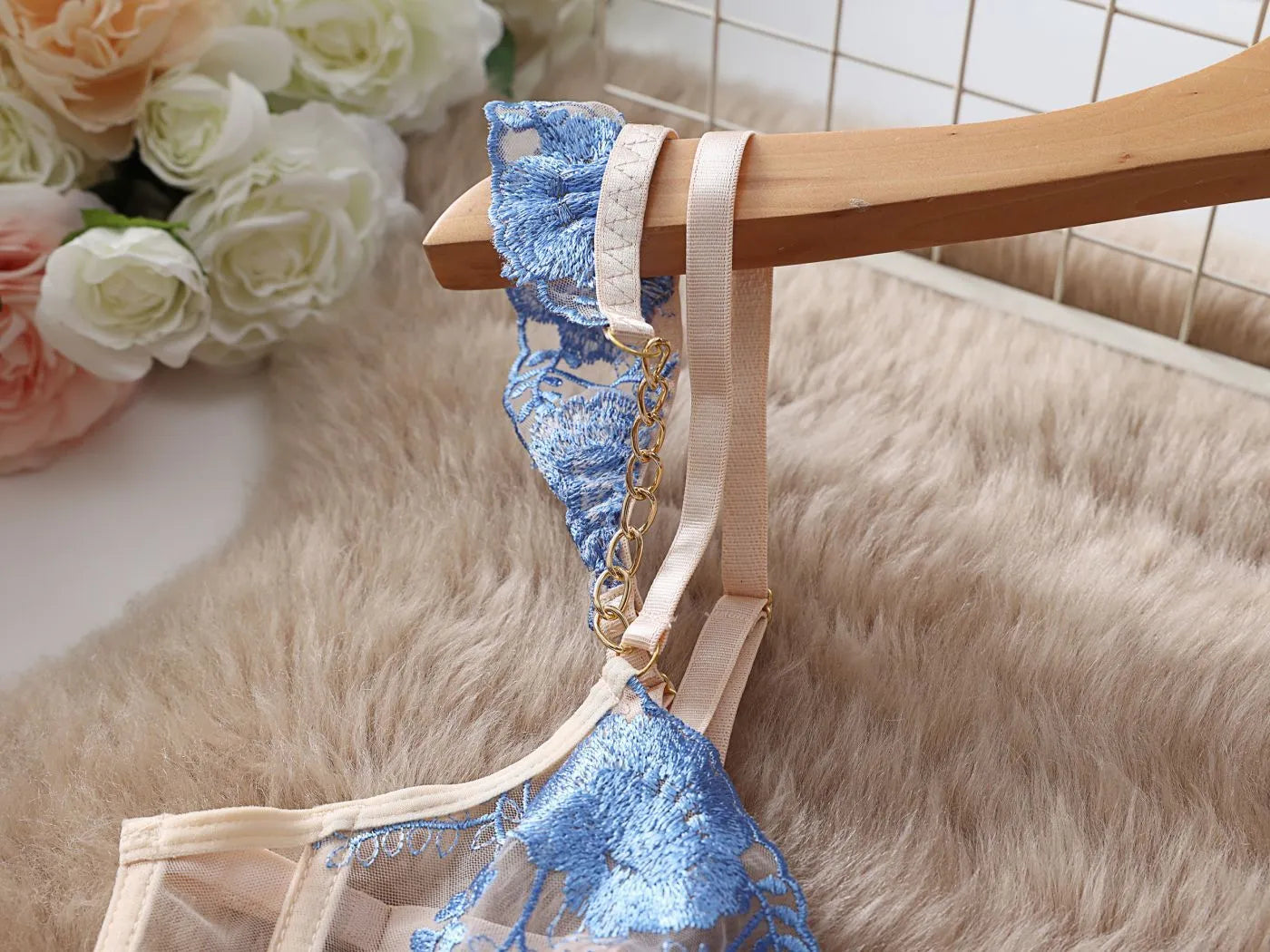 Light blue embroidered lace push-up bra and pants set with mesh detailing