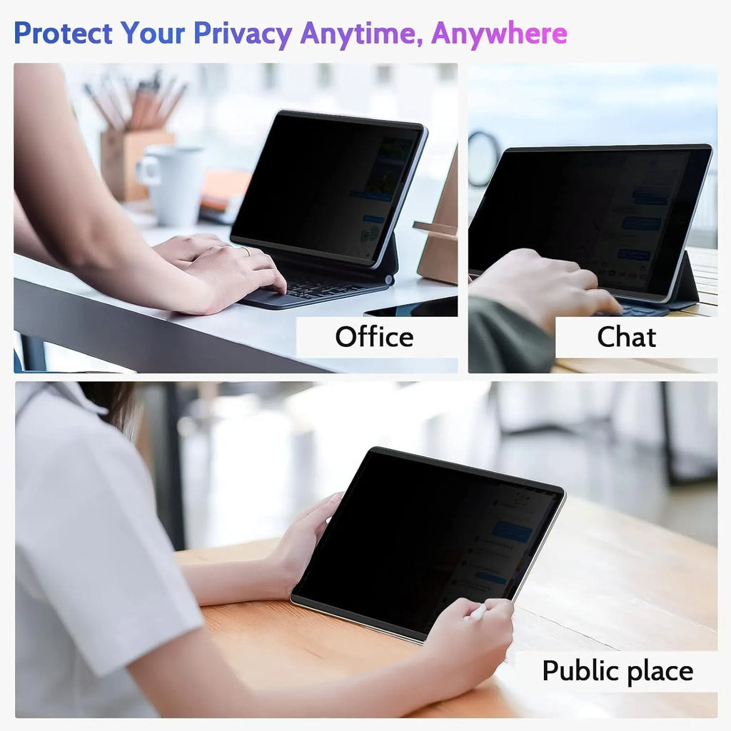 Magnetic iPad privacy screen protector with storage clip shown next to iPad tablet