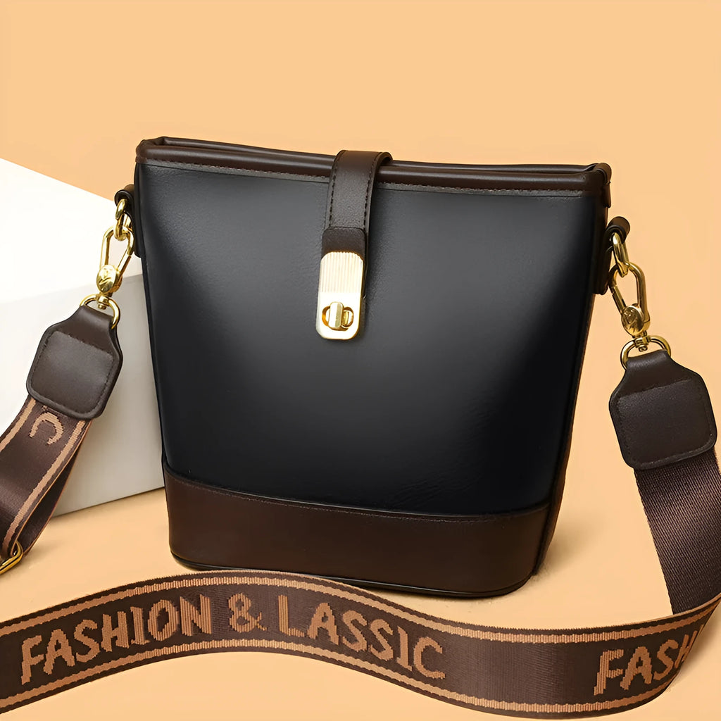 Korean style black PU bucket messenger bag with organised interior compartments and double shoulder straps