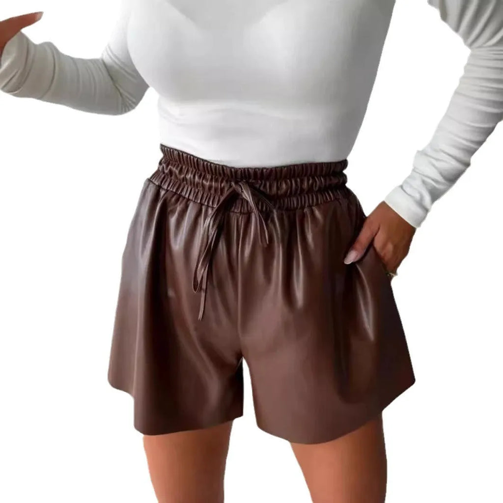Women's black casual shorts with drawstring lace-up waist and wide-leg cut
