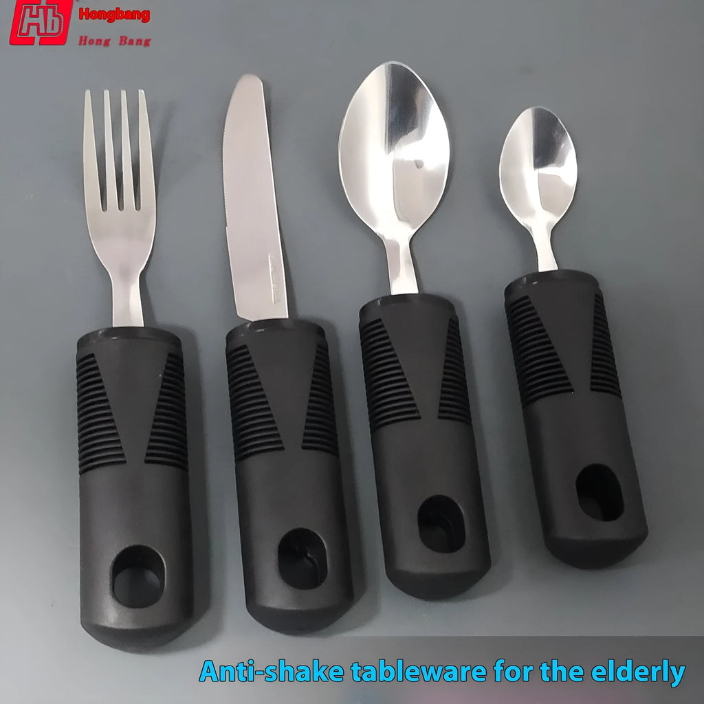 Stainless steel adaptive tableware with rubber handle grips for elderly eating assistance