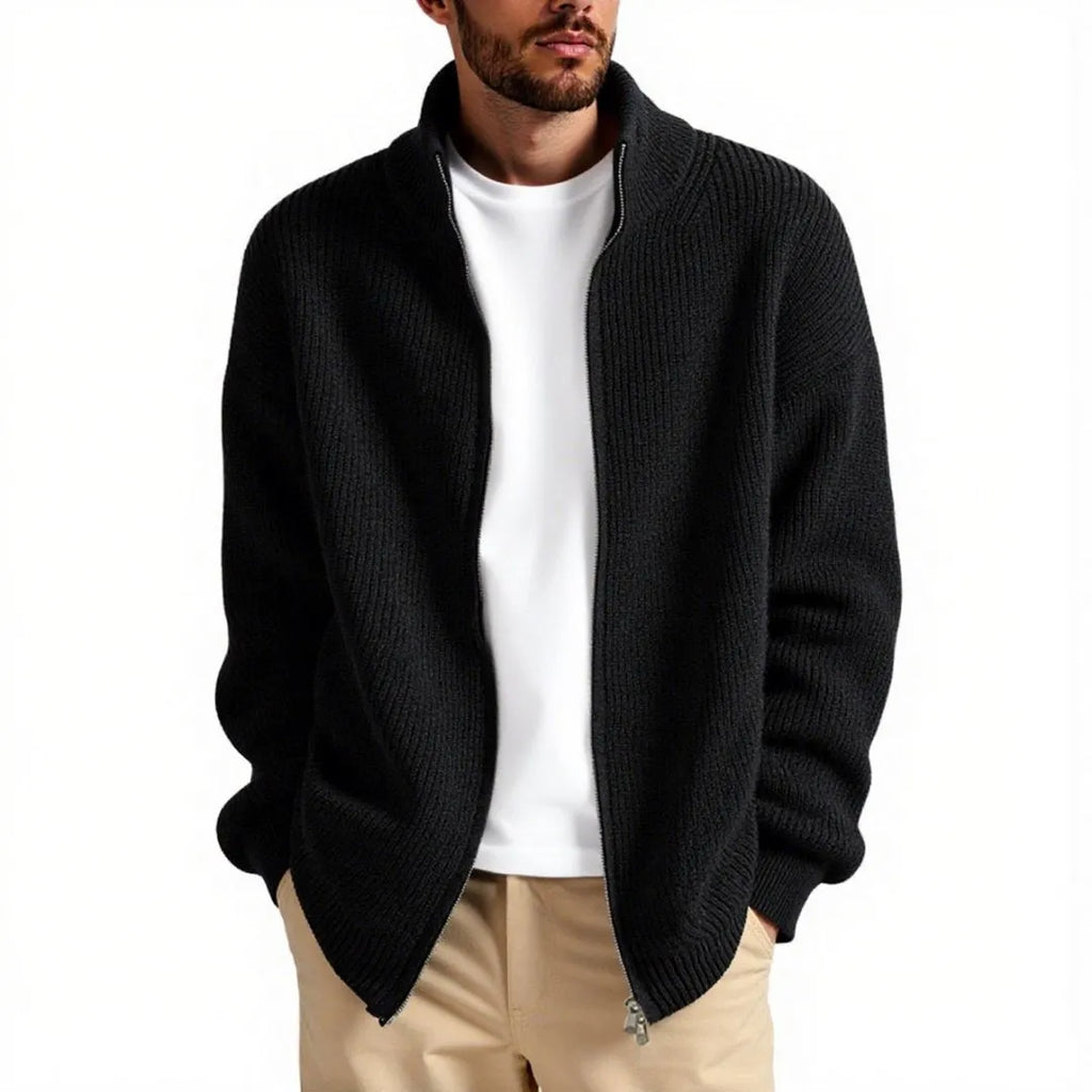 Men's loose fit cardigan sweater coat in acrylic blend fabric, shown in grey colour