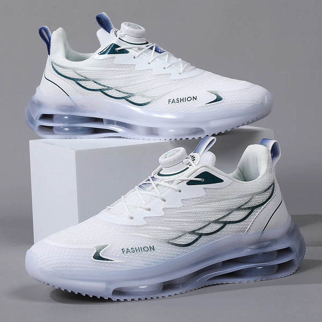 White Korean-style casual sneakers with rotating button closure and mesh upper