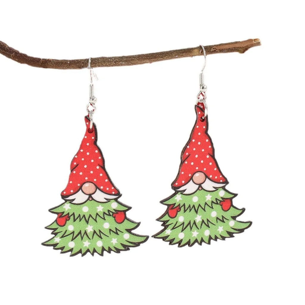 Geometric wooden Christmas earrings with Santa Claus printed designs