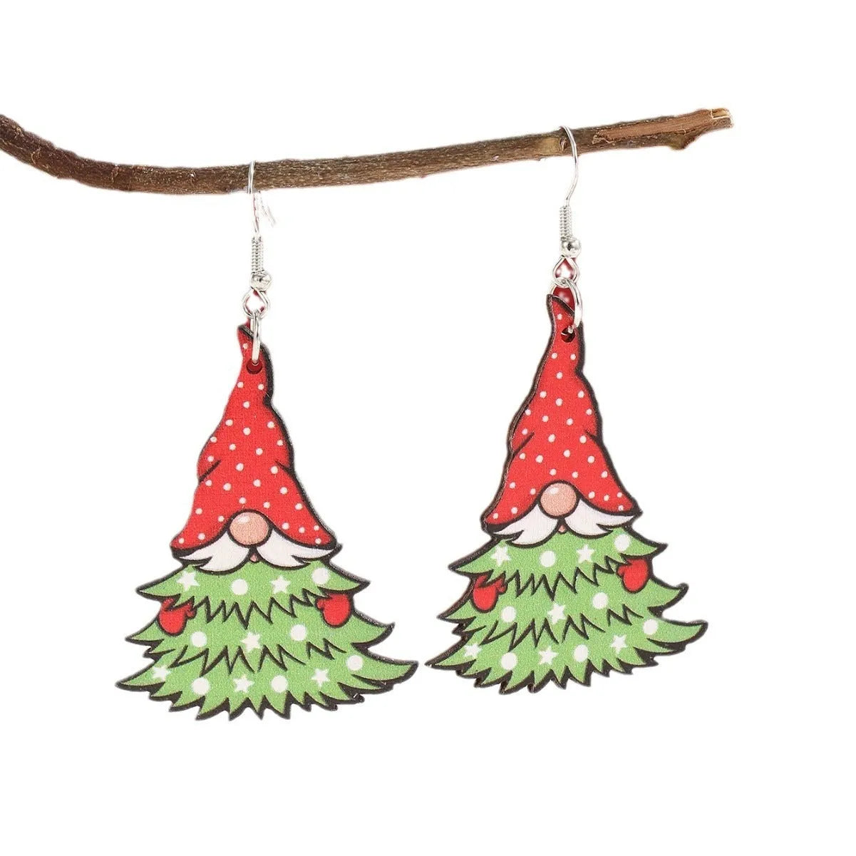 Geometric wooden Christmas earrings with Santa Claus printed designs