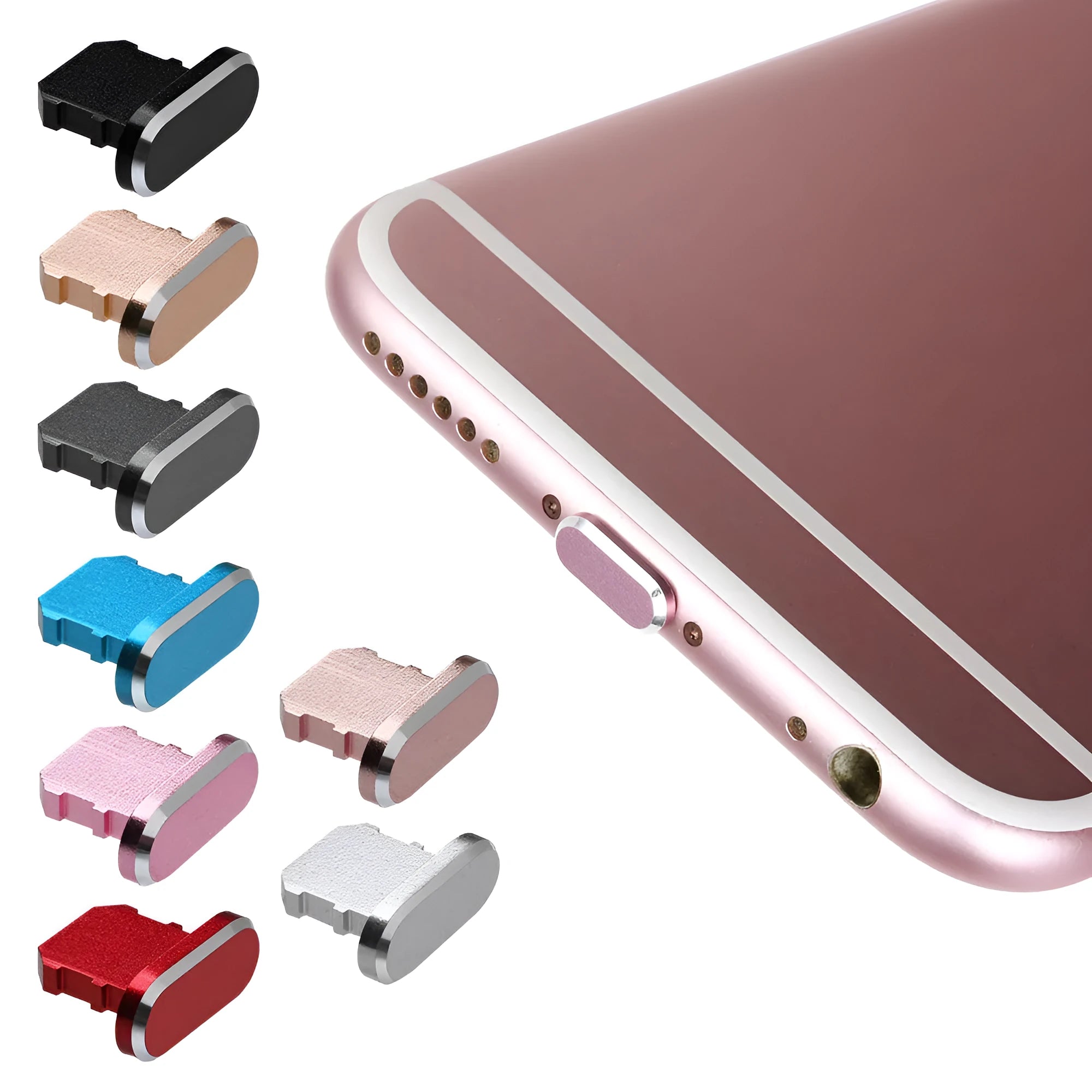 Aluminium alloy iPhone charging port dust plug shown in various colours including gold, silver, blue, and rose gold.