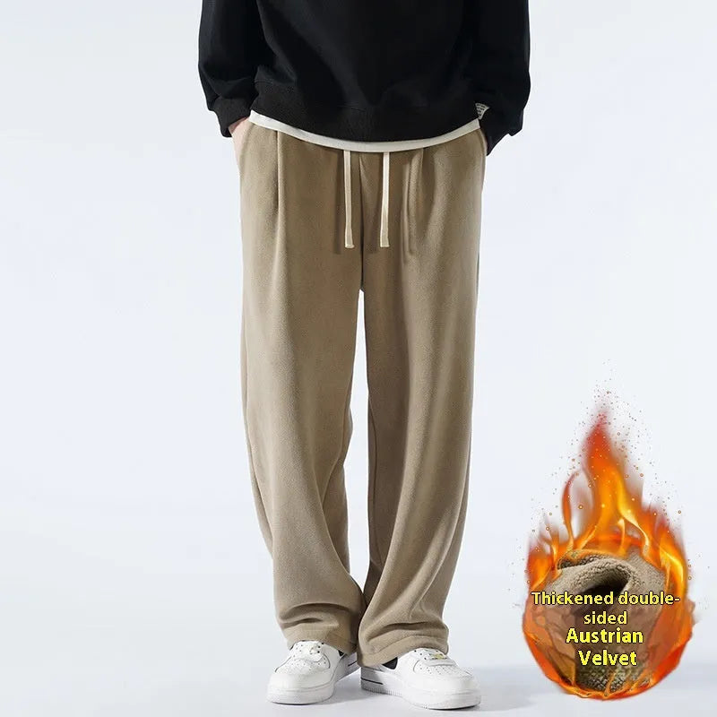 Men's double-sided polar fleece sports casual pants with fleece-lined thickening in apricot colour