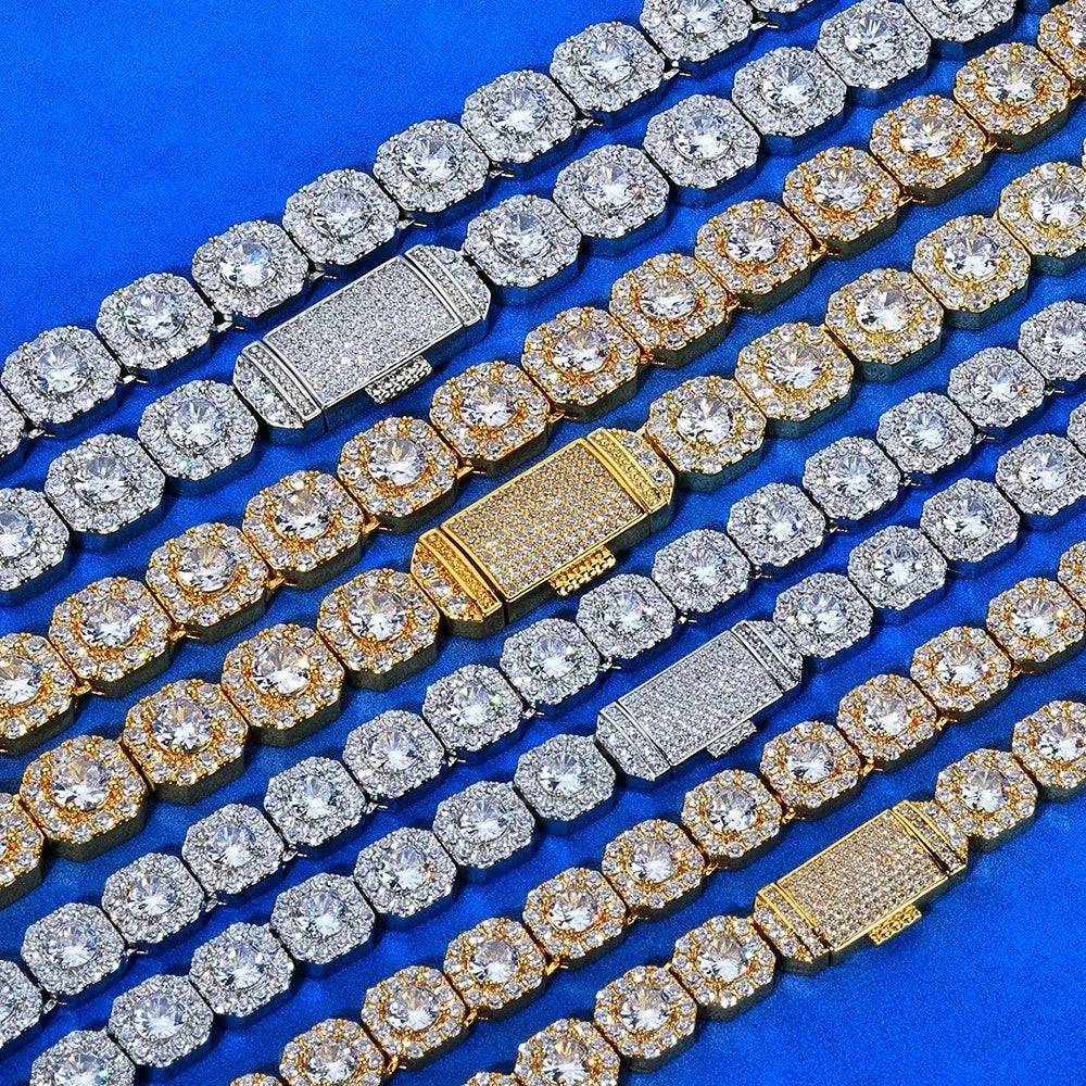 Full diamond men's bracelet in gold finish with rock sugar chain style, 10mm width, on dark background