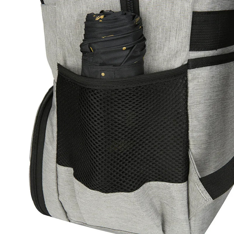 Oxford cloth insulated backpack with curved shoulder straps showing dry wet separation compartments and pull rod belt accessory