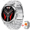 Round smartwatch with AMOLED display showing watch face, on a black silicone strap.