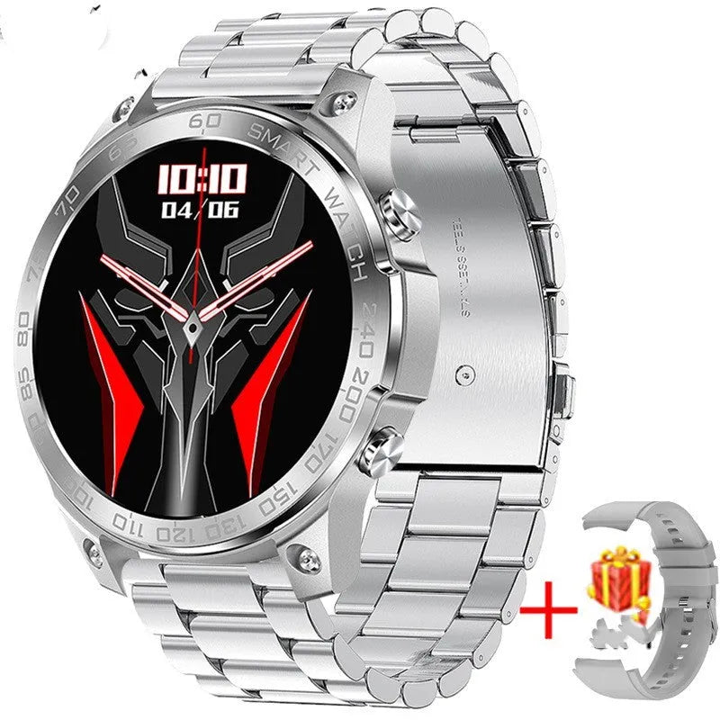 Round smartwatch with AMOLED display showing watch face, on a black silicone strap.