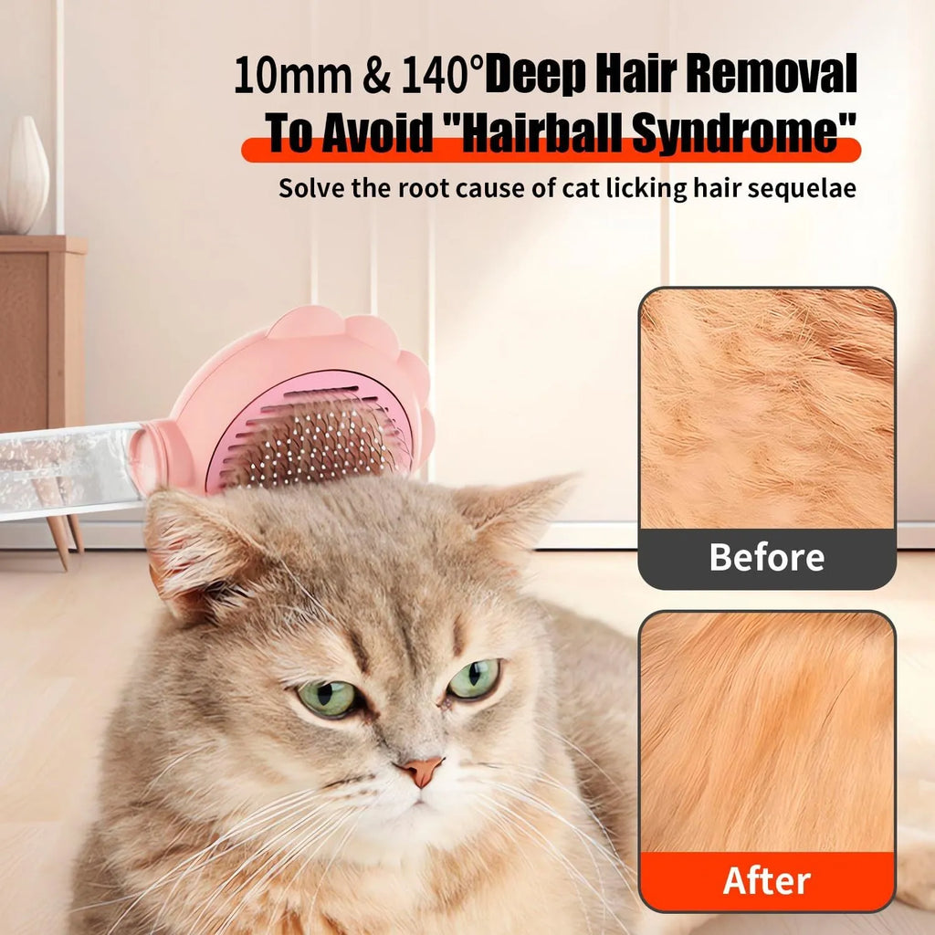 Grey spray cat brush with self-cleaning button and water spray function for pet grooming