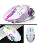 Wireless silent charging mouse in black and white colour options showing six-button layout