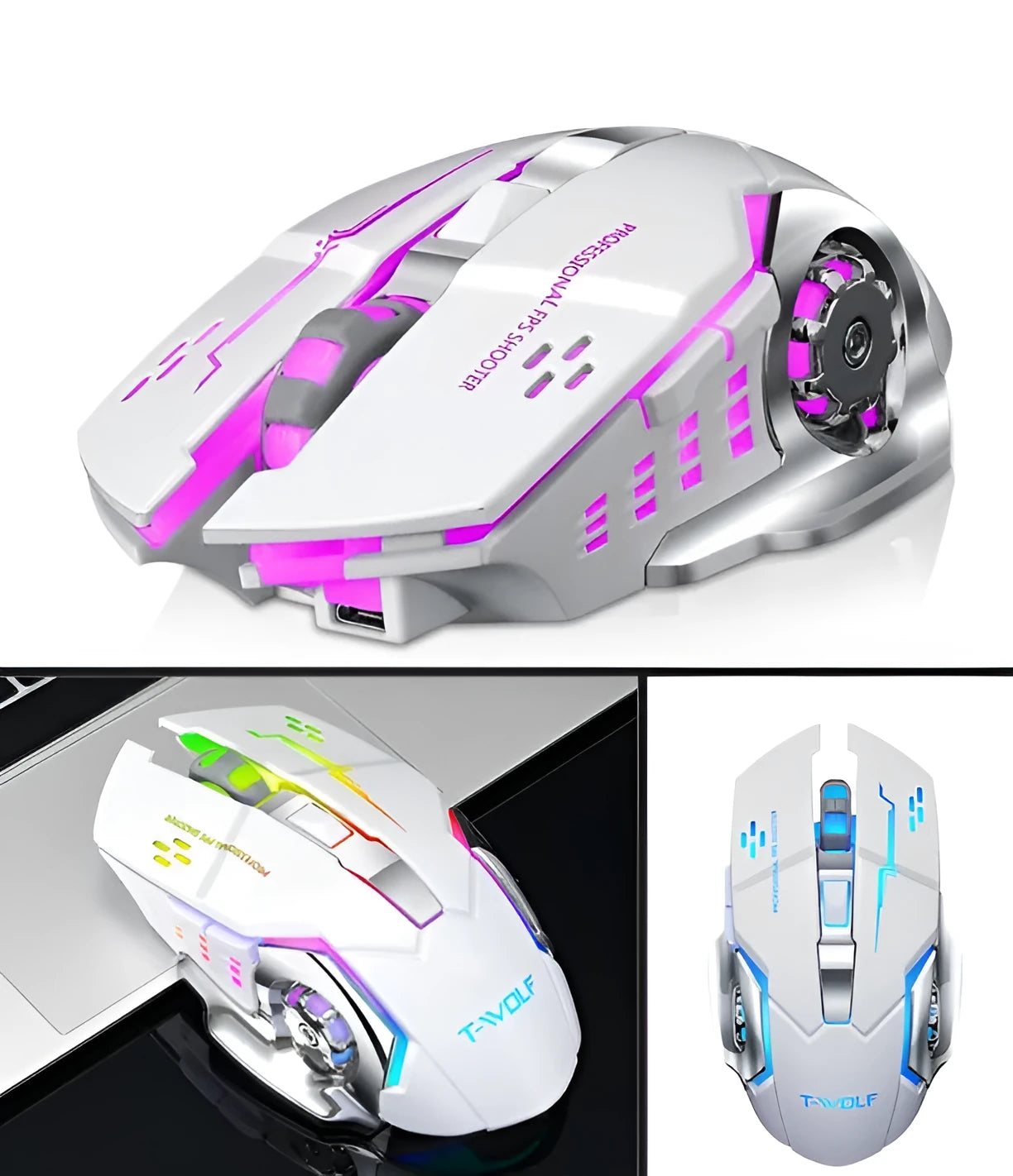 Wireless silent charging mouse in black and white colour options showing six-button layout