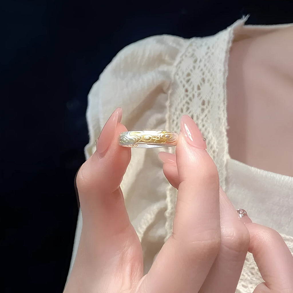 Adjustable open mouth silver gold electroplated ring with Xiangyun cloud pattern on white copper metal