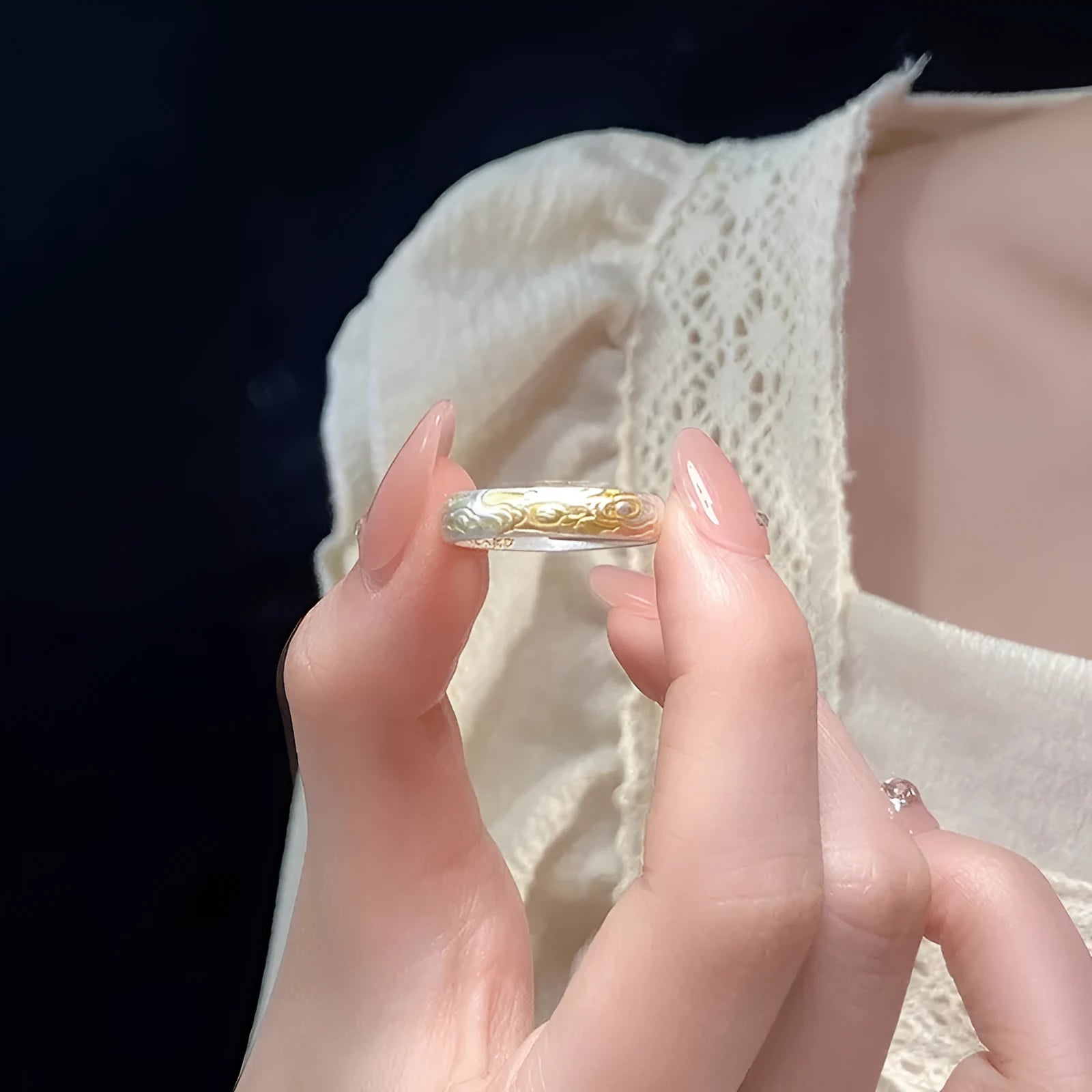 Adjustable open mouth silver gold electroplated ring with Xiangyun cloud pattern on white copper metal