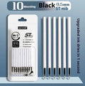 A 10-bag pack of quick-drying push bullet pen refills in black, blue, ink blue, and red colours.