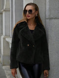 Women's short loose faux fur coat in rose red colour with regular sleeves.