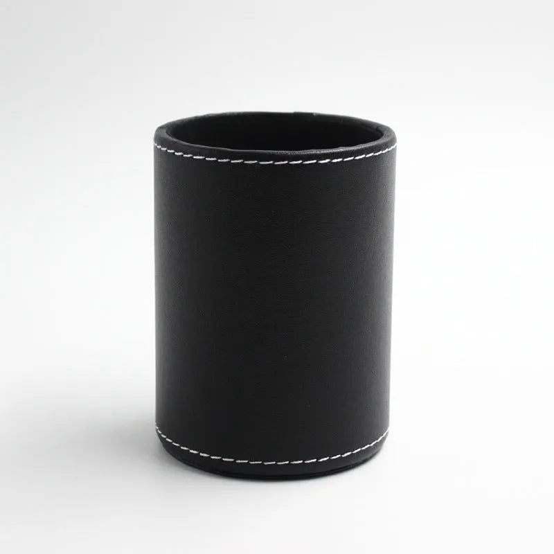 Round black leather pen container showing cylindrical shape and dimensions