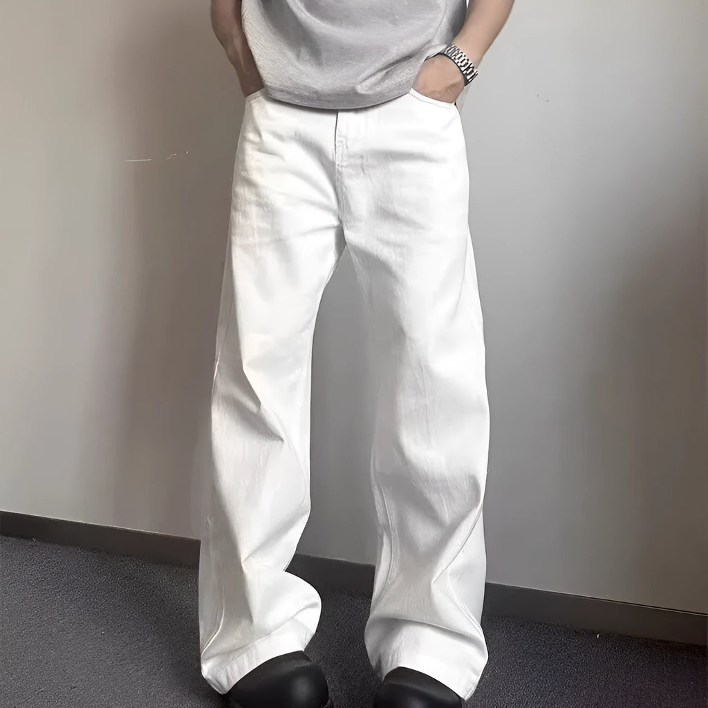 Men's white straight leg cotton denim jeans with mid waist and non-ironing finish