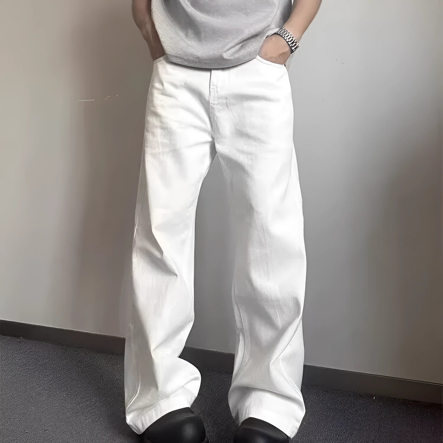Men's white straight leg cotton denim jeans with mid waist and non-ironing finish
