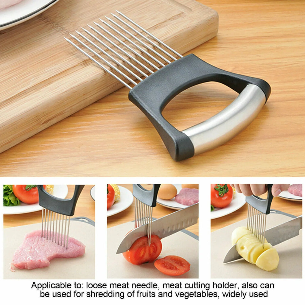 Stainless steel and ABS food slice assistant measuring 14cm by 9.5cm for holding vegetables during kitchen preparation