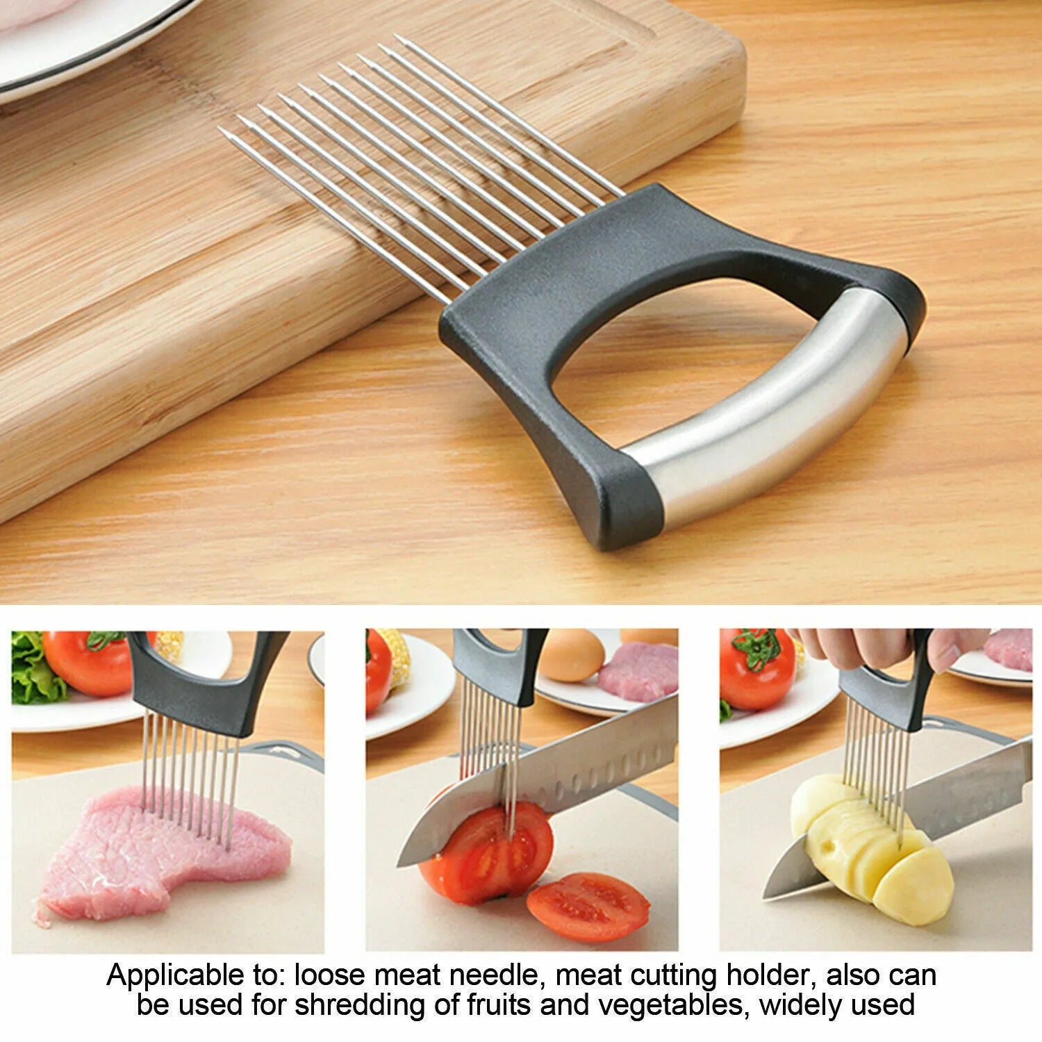 Stainless steel and ABS food slice assistant measuring 14cm by 9.5cm for holding vegetables during kitchen preparation