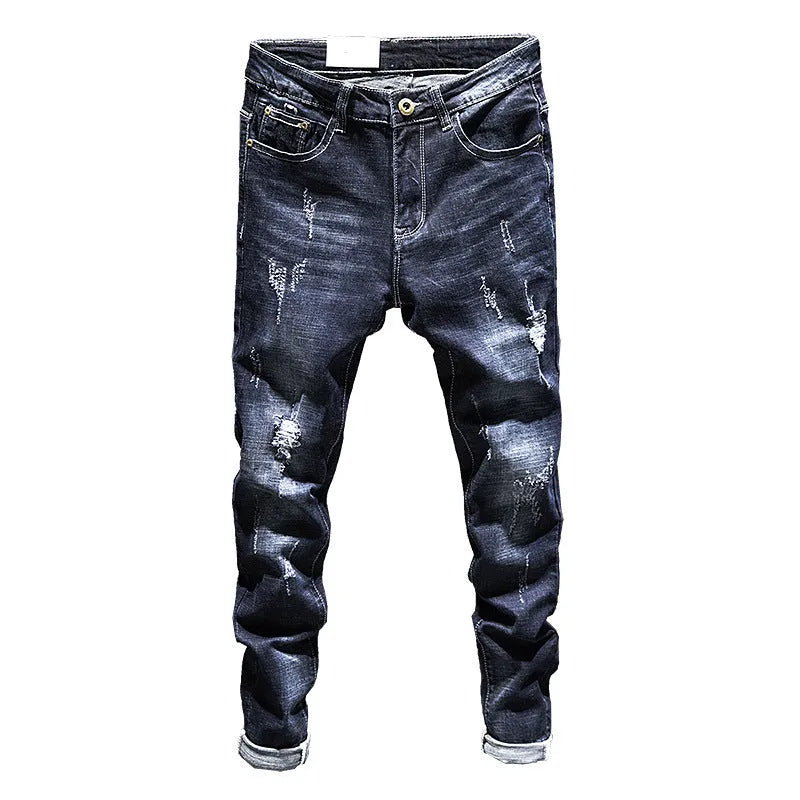 Men's slim-fitting skinny jeans in dark blue and light blue stretch cotton denim.
