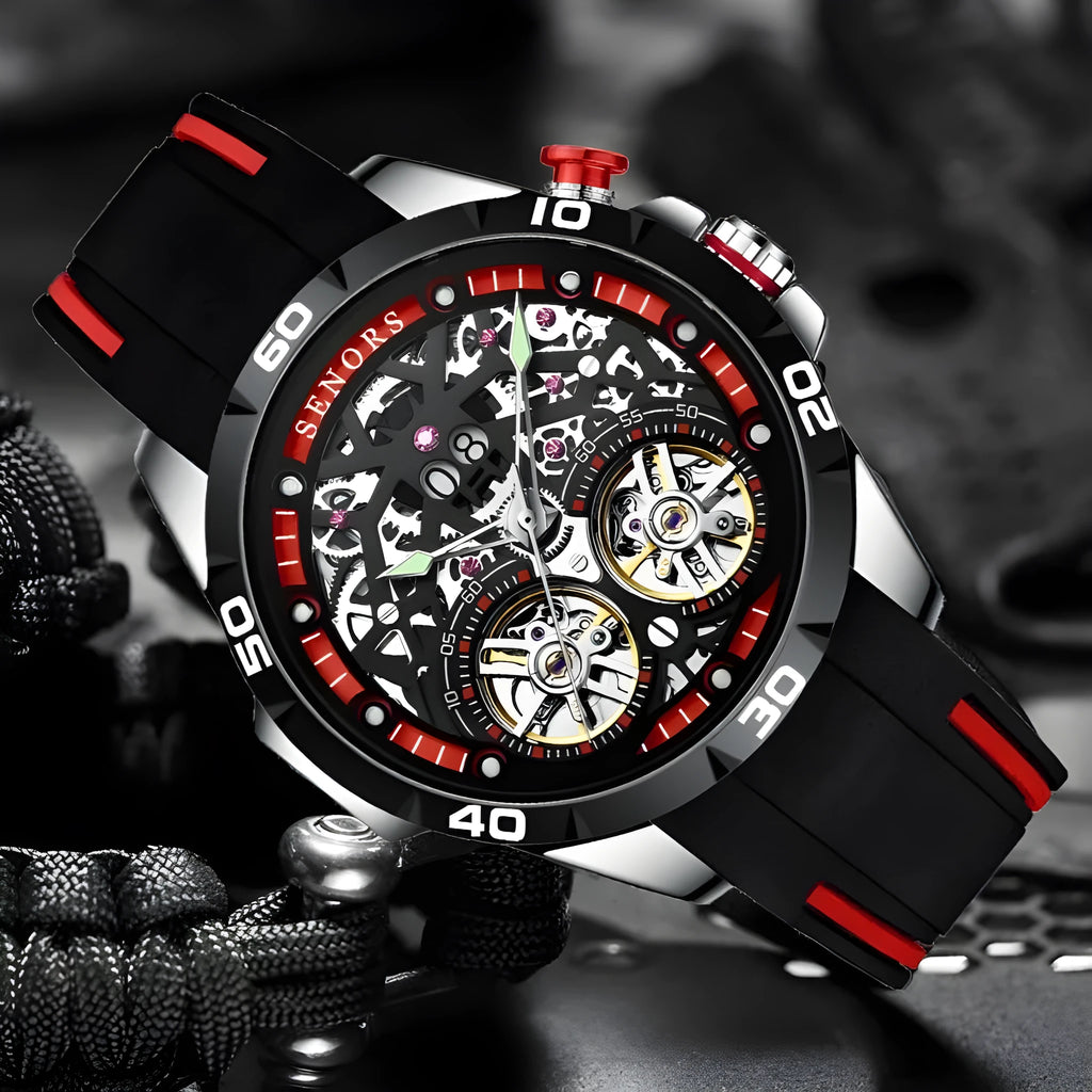 Automatic mechanical men's watch with skeleton dial showing internal movement, luminous hands, in blue or red colour