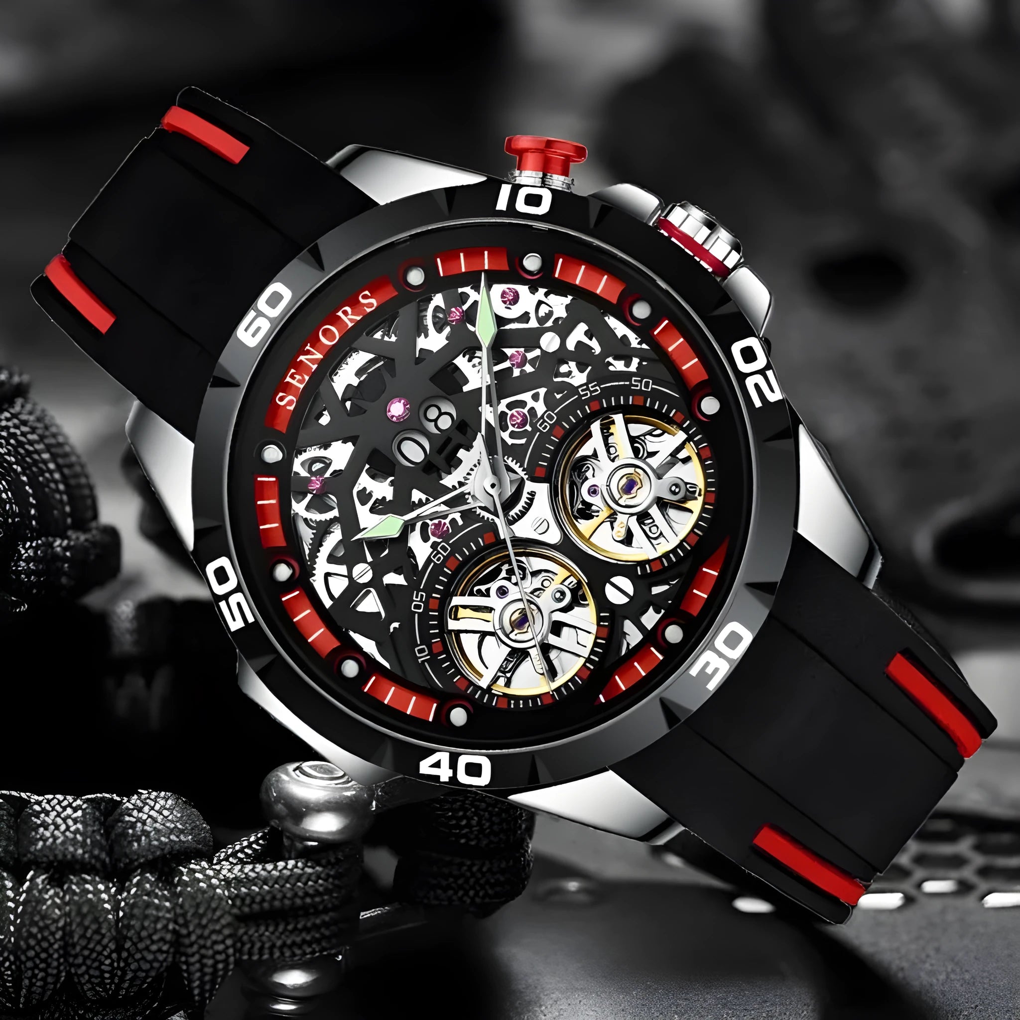 Automatic mechanical men's watch with skeleton dial showing internal movement, luminous hands, in blue or red colour