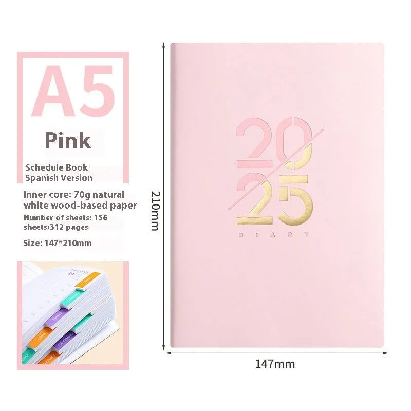 Soft cover A5 daily planner schedule book in blue, showing lay-flat binding and faux leather texture.