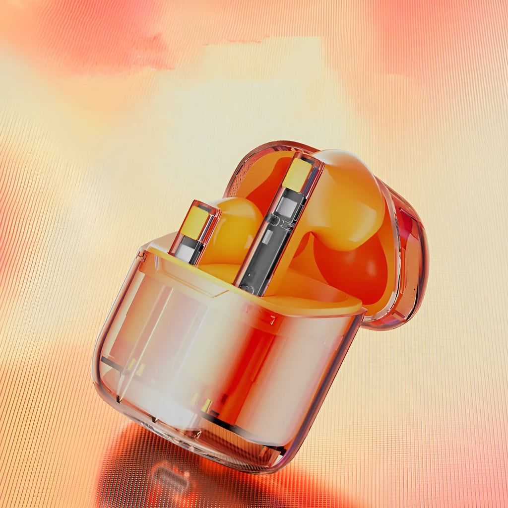 YX06 transparent wireless earbuds in black, white, green, and orange colours with charging case.