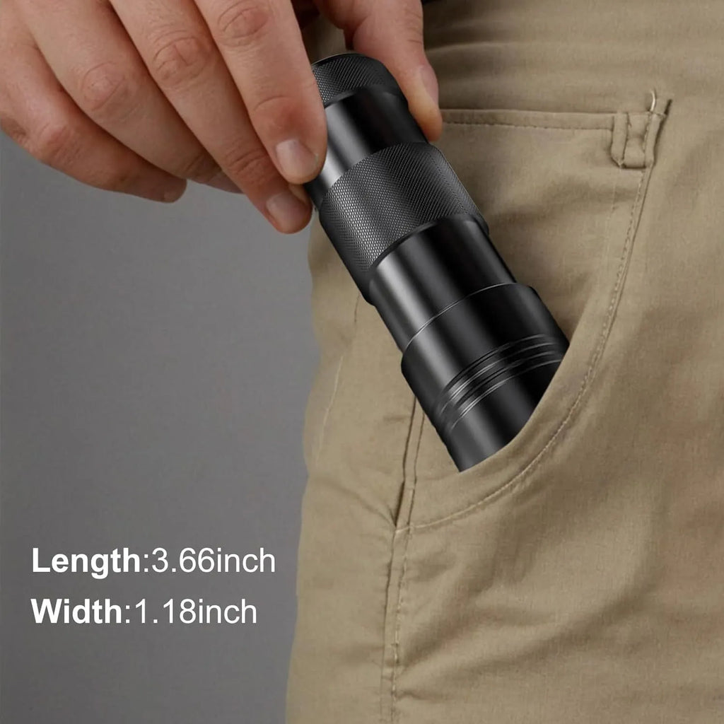 Black aluminium alloy UV flashlight with silver accents, shown with a length of 9.8cm.