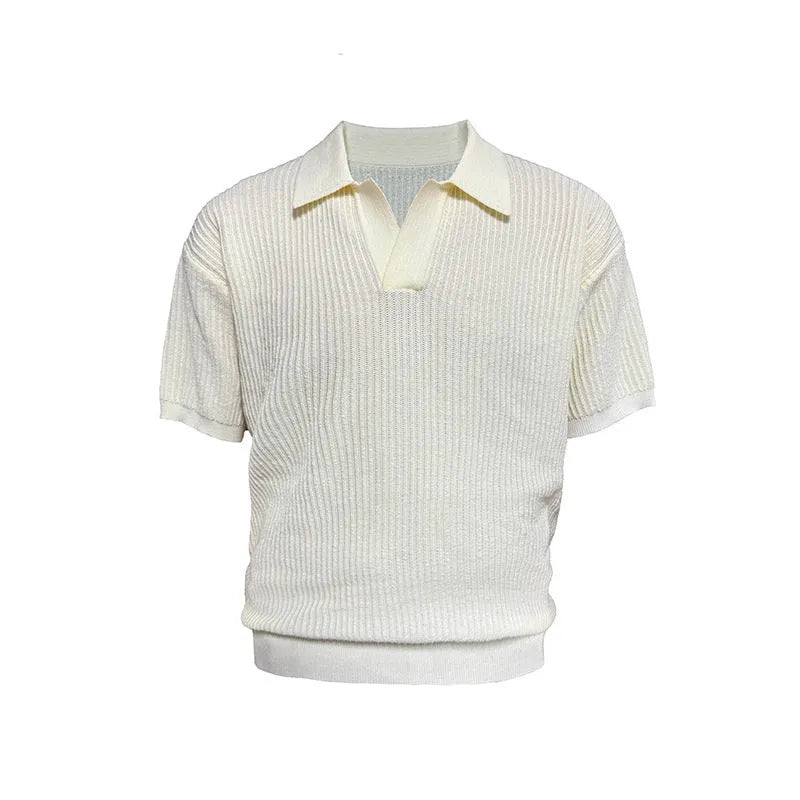 Business style polo shirt with stripes in ice silk breathable fabric, available in creamy-white, black, and grey colours