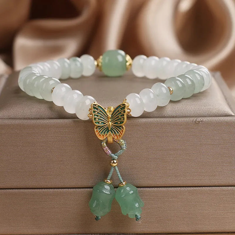 Green crystal women's bracelet with retro butterfly tassel and abacus beads