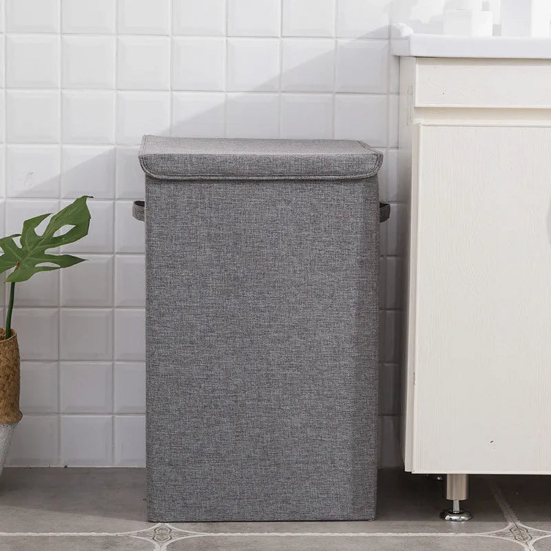 Grey foldable storage basket with three-dimensional design showing cotton linen fabric texture