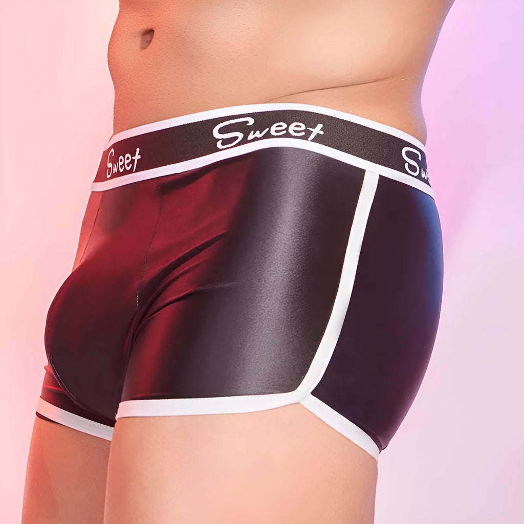 Men's shiny silky nylon boxers in black, white, and sapphire blue colours with Asian sizing fit