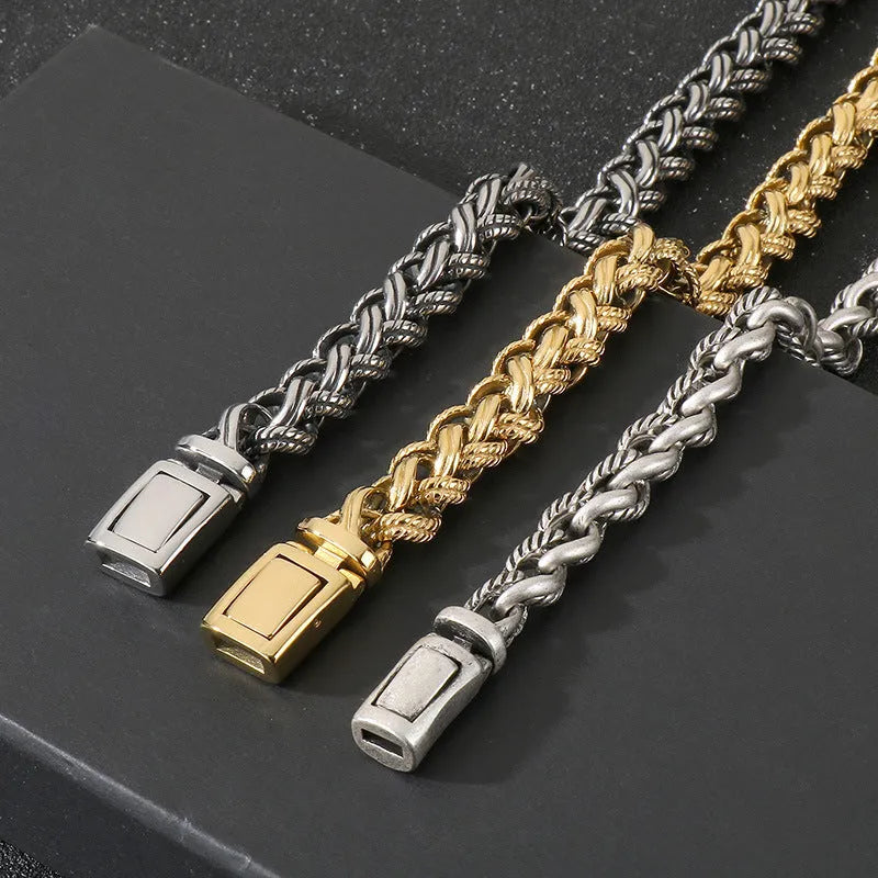 Men's titanium steel keel chain necklace showing vintage design with large hemp flower elements in antique silver finish